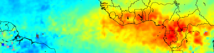 Carbon monoxide from African fires, February 2004