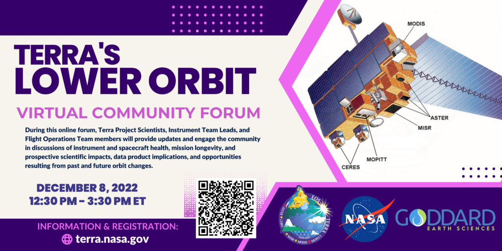 Infographic on upcoming virtual community forum on Terra satellite's new lower orbit. 