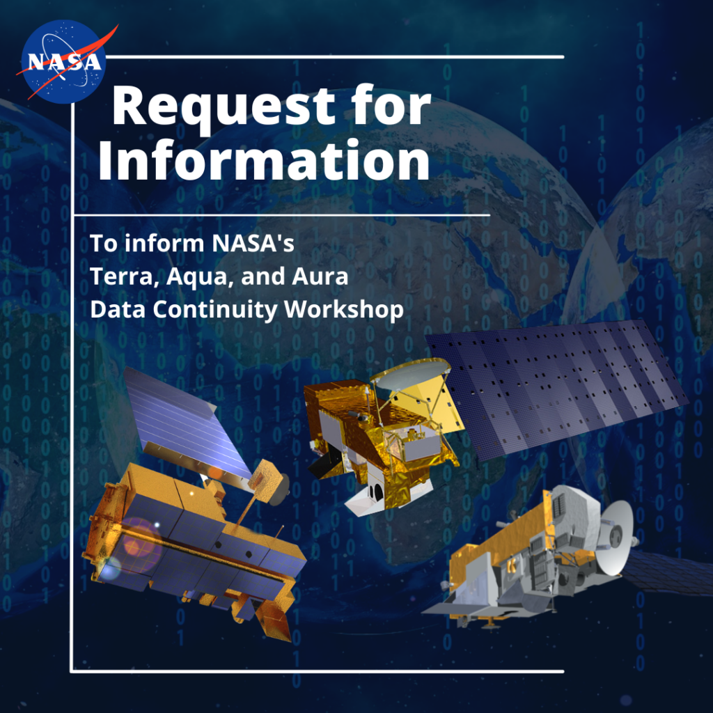 Image of the three satellites - Terra, Aqua, and Aura - with the following text: Request for Information to inform NASA's Terra, Aqua, and Aura Data Continuity Workshop