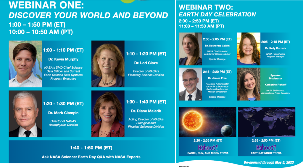 Detailed agenda of Webinars 1 and 2 to be held live on Earth Day. For complete list of events, visit https://eospso.nasa.gov/sites/default/files/publications/2023earthdayspeakers.pdf. 