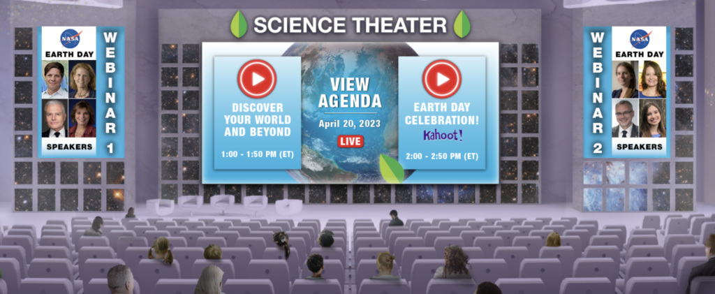 3D virtual auditorium with people seated in chairs in front of three screens, two advertising virtual webinars and the middle showing "Science Theater" and agenda information that will be active on April 20, 2023. 