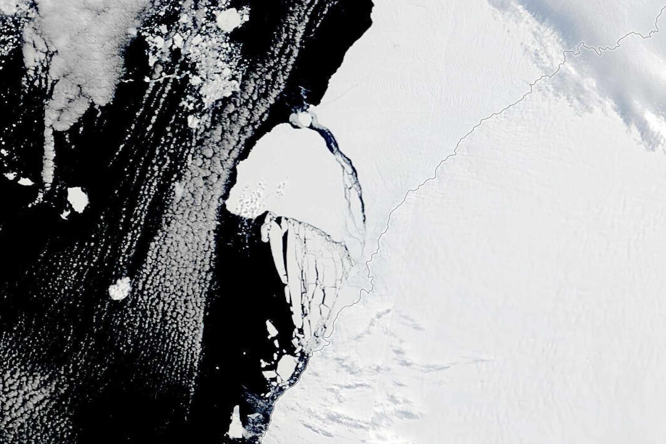 Image of iceberg piece breaking off and floating away from the coast of Antarctica.
