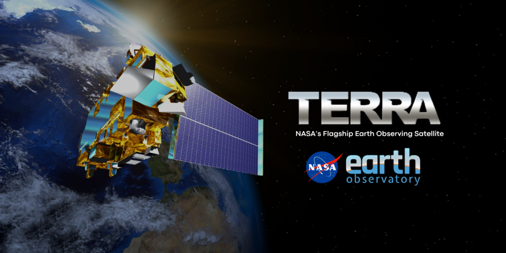 Image of Terra satellite in front of background earth in shadows.  Two logos to the right of the satellite include the Terra website logo on top, with the words "NASA's Flagship Earth Observing Satellite," and the Earth Observatory logo underneath. 