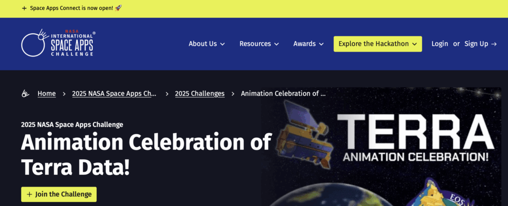 Screenshot of the NASA Space Apps Challenge webpage, hosting the Animation Celebration of Terra Data! event and related resources, including registration. 